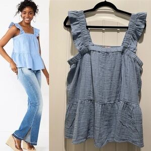 Kohl's Women’s Babydoll Top XL Blue 100% Gauze Cotton Flutter Sleeve Tier Ruffle